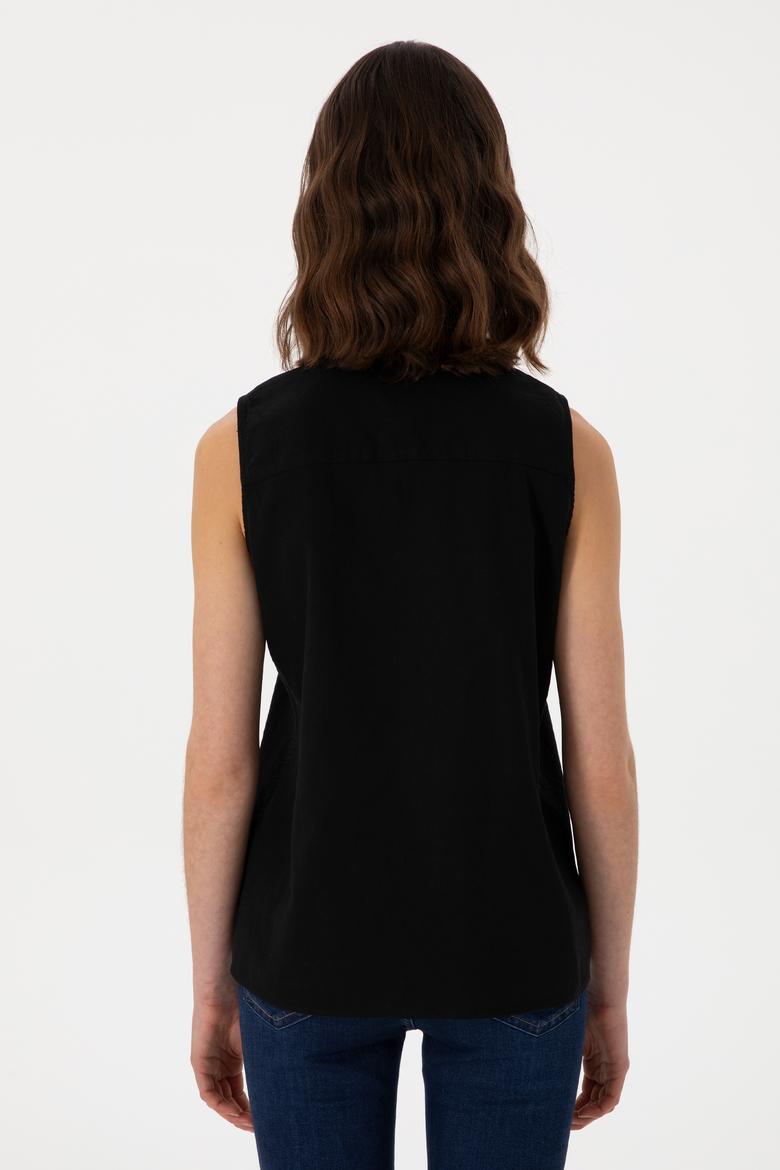 Kadın Siyah Keten Karışımlı Kısa Kollu Gömlek - 50298111056