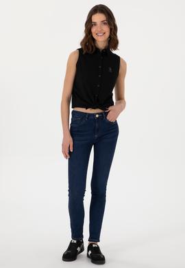 Kadın Siyah Keten Karışımlı Kısa Kollu Gömlek - 50298111056