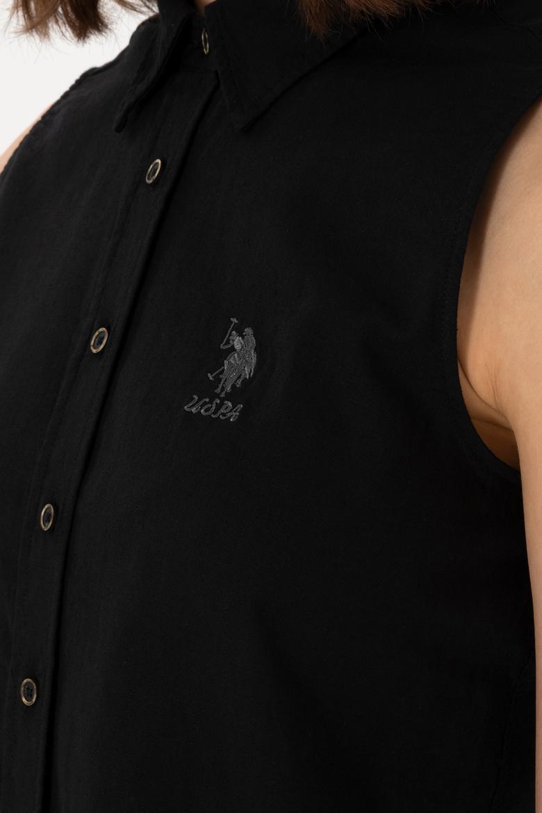 Kadın Siyah Keten Karışımlı Kısa Kollu Gömlek - 50298111056