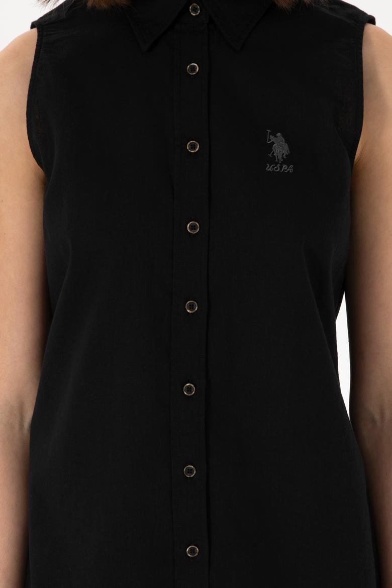 Kadın Siyah Keten Karışımlı Kısa Kollu Gömlek - 50298111056