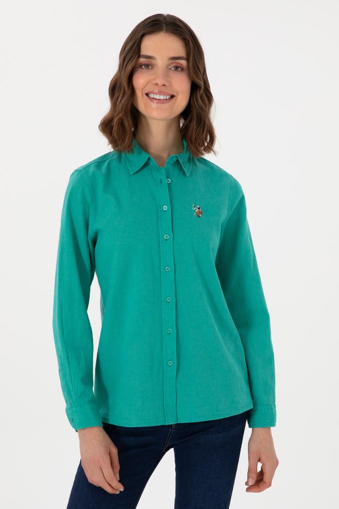 Kadın Mint Keten Karışımlı Uzun Kollu Basic Gömlek