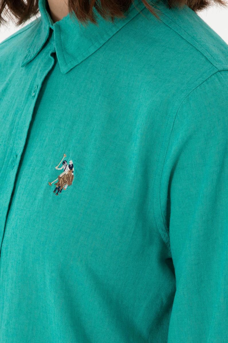 Kadın Mint Keten Karışımlı Uzun Kollu Basic Gömlek