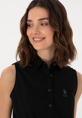 Kadın Siyah Keten Karışımlı Kısa Kollu Gömlek - 50298111056