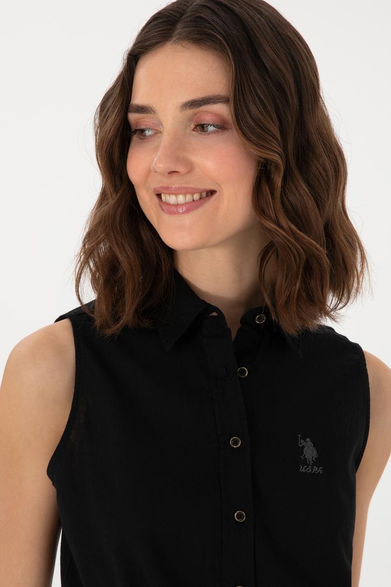 Kadın Siyah Keten Karışımlı Kısa Kollu Gömlek - 50298111056