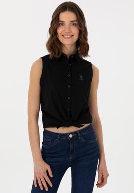 Kadın Siyah Keten Karışımlı Kısa Kollu Gömlek - 50298111056