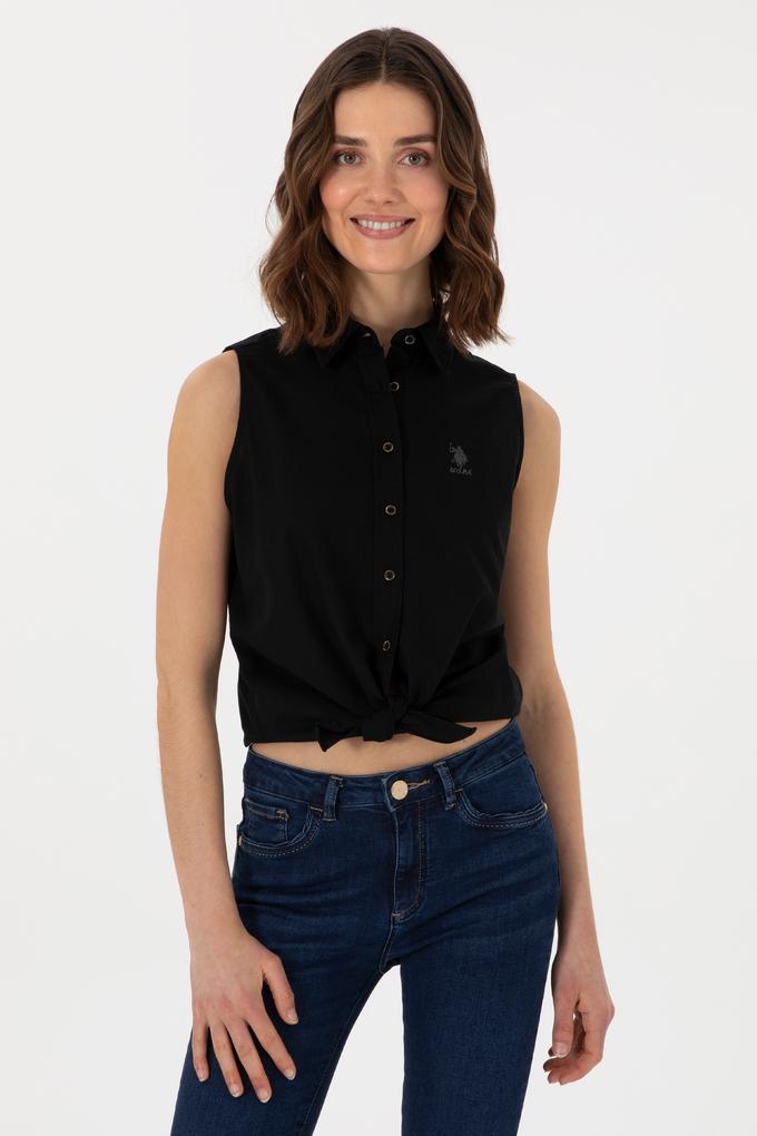 Kadın Siyah Keten Karışımlı Kısa Kollu Gömlek