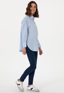 Kadın Açık Mavi Uzun Kollu Keten Tunik Gömlek - 50299794058