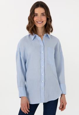 Kadın Açık Mavi Uzun Kollu Keten Tunik Gömlek - 50299794058