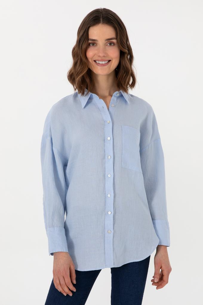 Kadın Açık Mavi Uzun Kollu Keten Tunik Gömlek