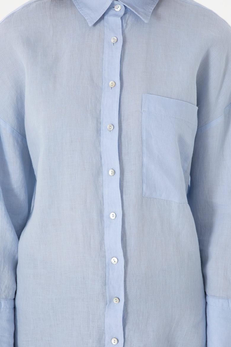 Kadın Açık Mavi Uzun Kollu Keten Tunik Gömlek - 50299794058