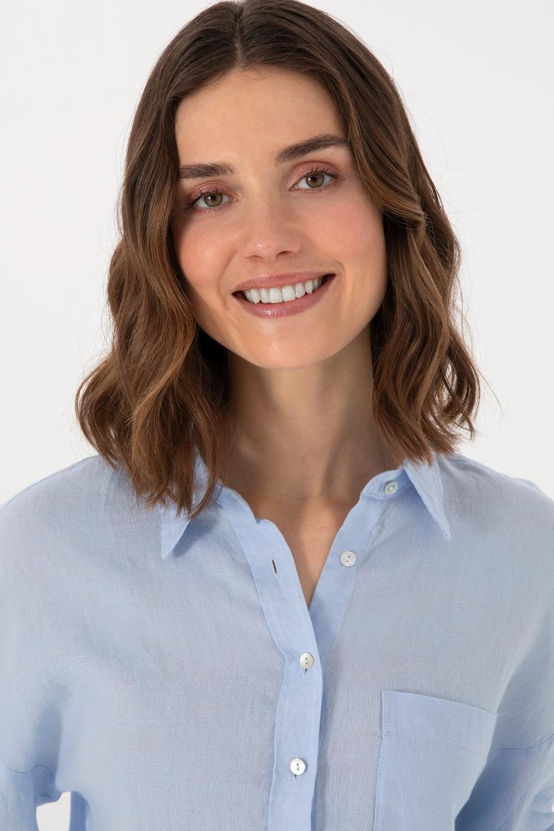 Kadın Açık Mavi Uzun Kollu Keten Tunik Gömlek - 50299794058