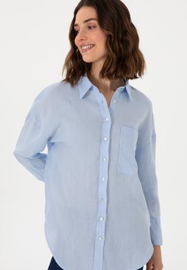 Kadın Açık Mavi Uzun Kollu Keten Tunik Gömlek - 50299794058