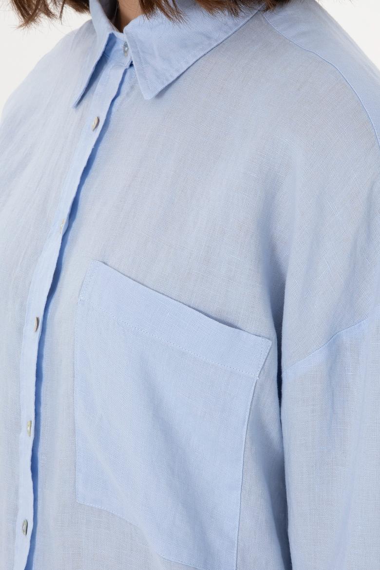 Kadın Açık Mavi Uzun Kollu Keten Tunik Gömlek - 50299794058