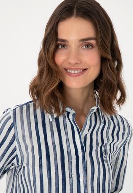 Kadın Lacivert Uzun Kollu Çizgili Gömlek - 50299509029