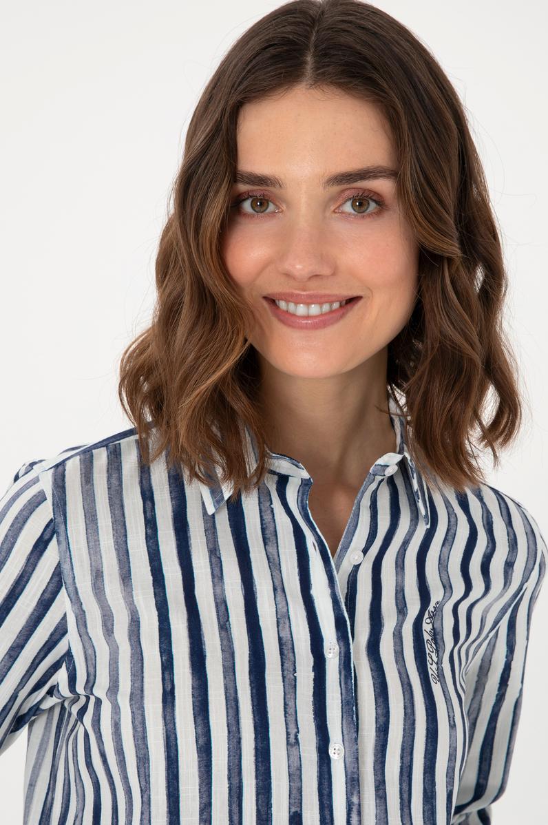 Kadın Lacivert Uzun Kollu Çizgili Gömlek