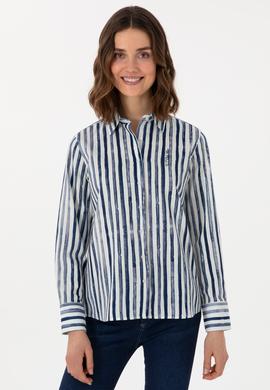 Kadın Lacivert Uzun Kollu Çizgili Gömlek - 50299509029