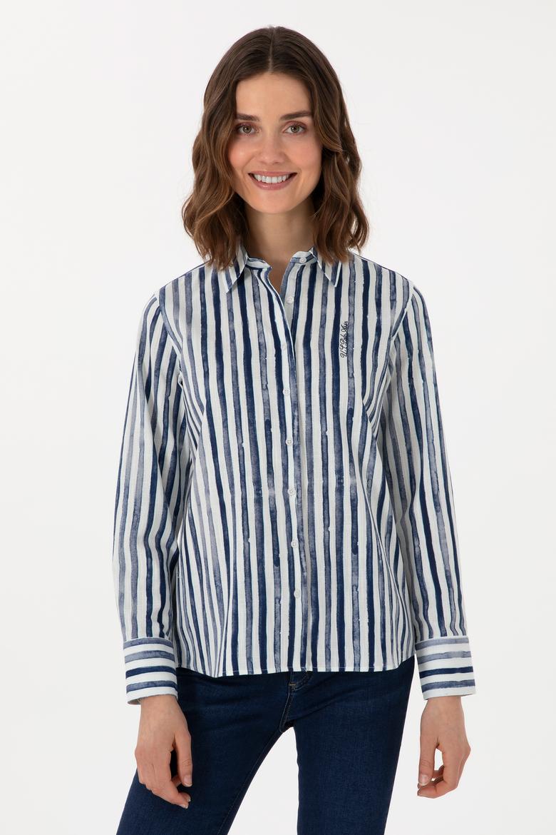 Kadın Lacivert Uzun Kollu Çizgili Gömlek