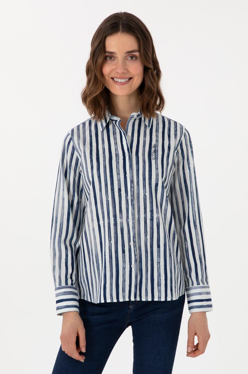 Kadın Lacivert Uzun Kollu Çizgili Gömlek