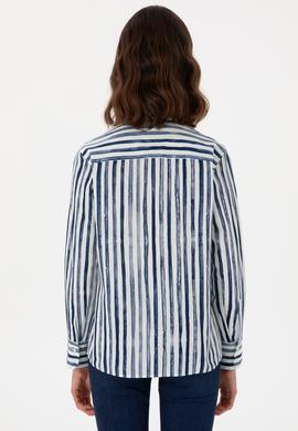 Kadın Lacivert Uzun Kollu Çizgili Gömlek - 50299509029