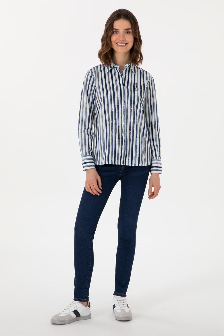 Kadın Lacivert Uzun Kollu Çizgili Gömlek - 50299509029