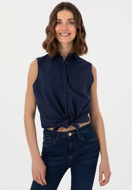 Kadın Lacivert Keten Karışımlı Kısa Kollu Gömlek - 50298111046