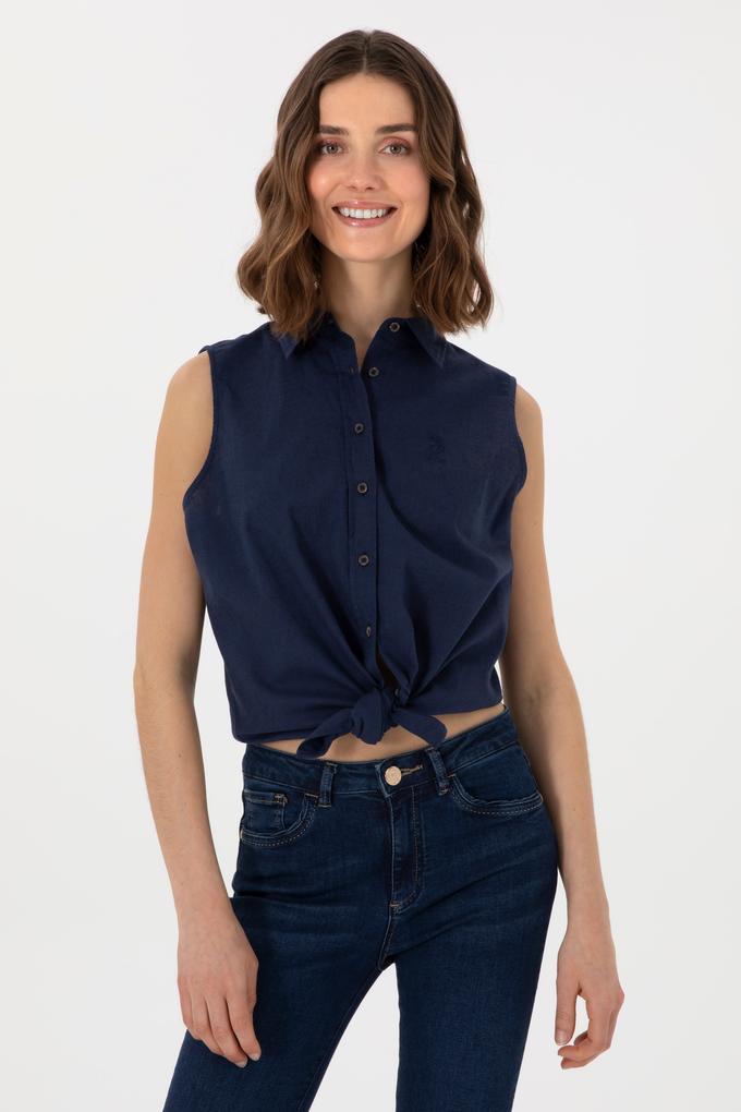 Kadın Lacivert Keten Karışımlı Kısa Kollu Gömlek