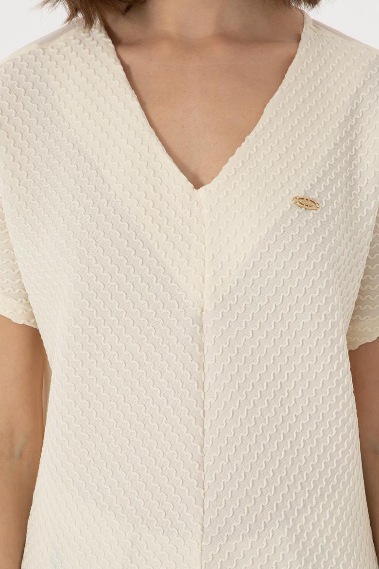 Kadın Krem V Yaka Tişört - 50299795009