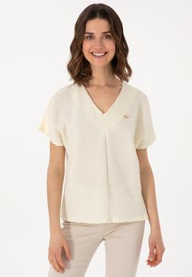 Kadın Krem V Yaka Tişört - 50299795009
