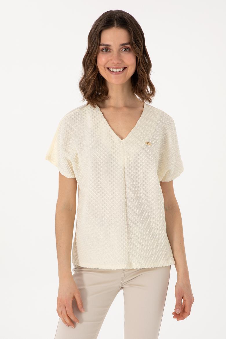 Kadın Krem V Yaka Tişört