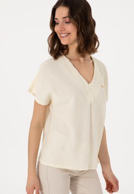 Kadın Krem V Yaka Tişört - 50299795009