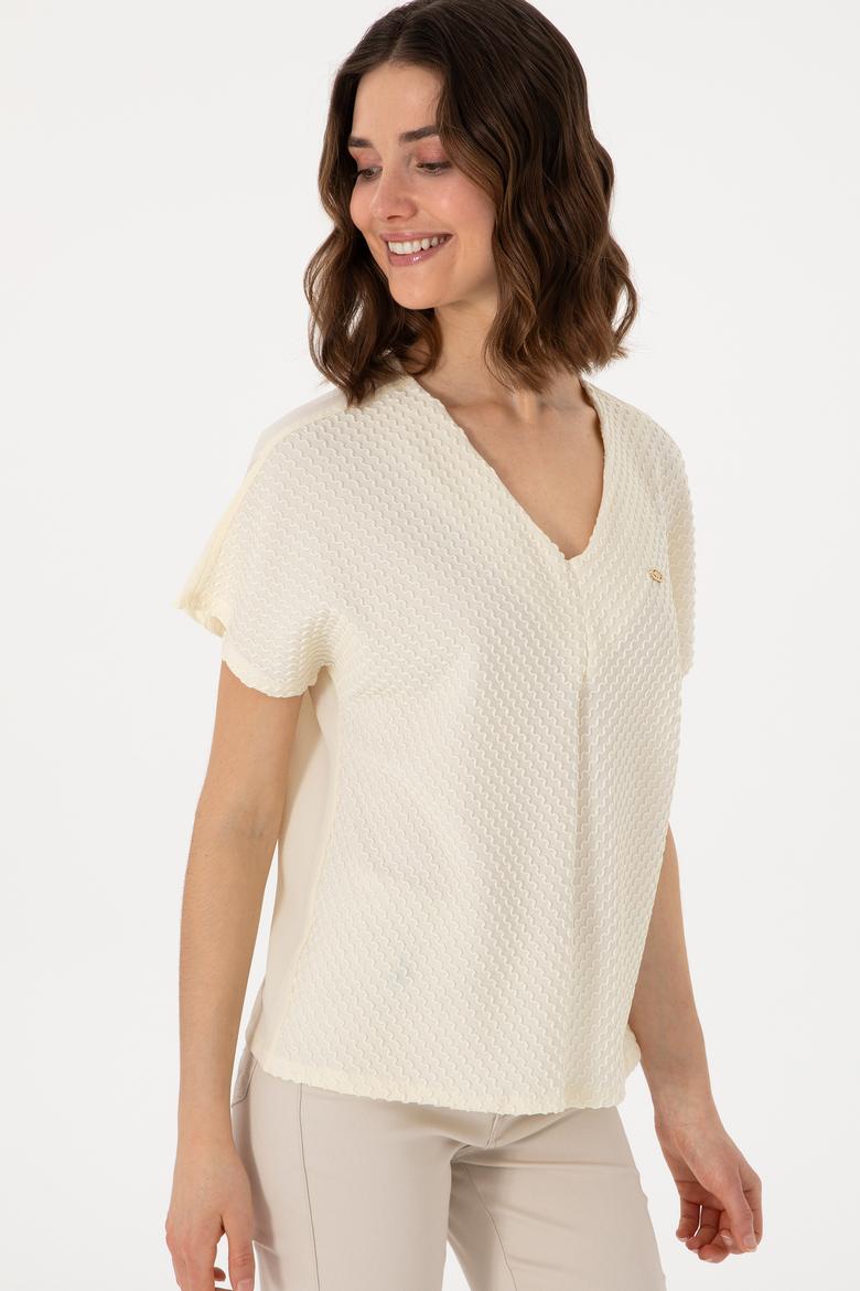 Kadın Krem V Yaka Tişört - 50299795009