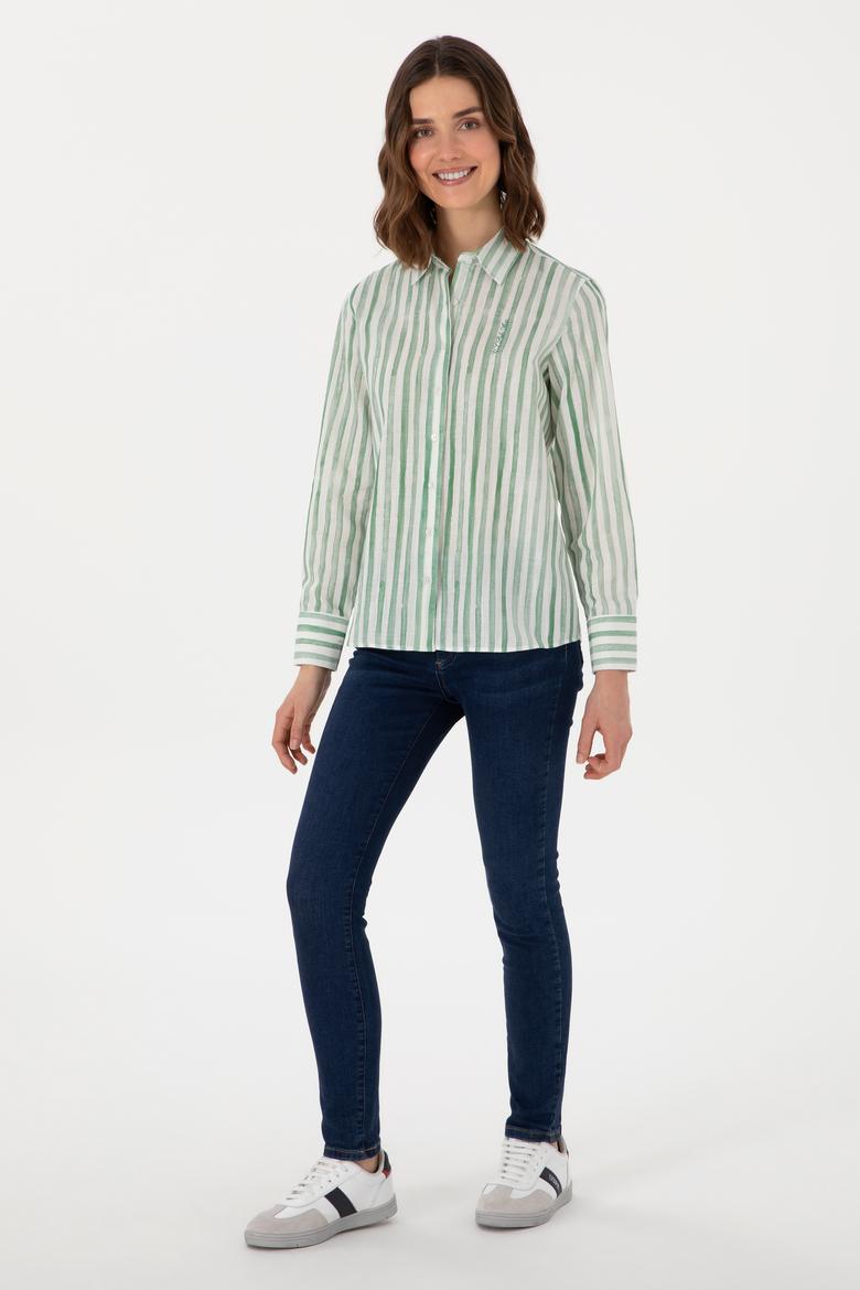 Kadın Yeşil Uzun Kollu Çizgili Gömlek - 50299509002