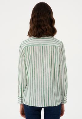 Kadın Yeşil Uzun Kollu Çizgili Gömlek - 50299509002