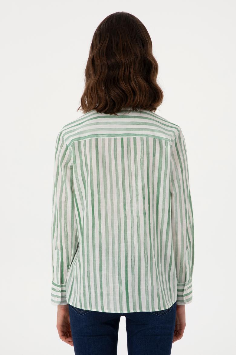 Kadın Yeşil Uzun Kollu Çizgili Gömlek - 50299509002