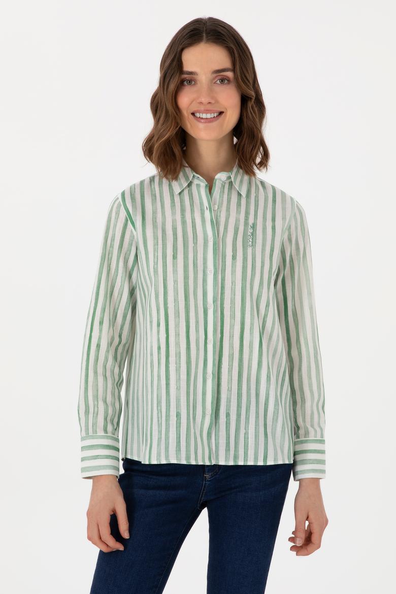 Kadın Yeşil Uzun Kollu Çizgili Gömlek