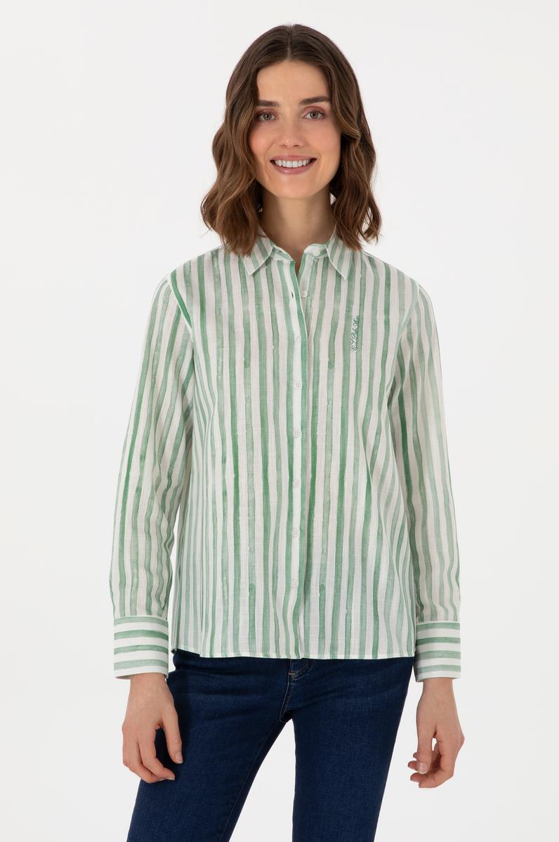 Kadın Yeşil Uzun Kollu Çizgili Gömlek