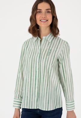 Kadın Yeşil Uzun Kollu Çizgili Gömlek - 50299509002