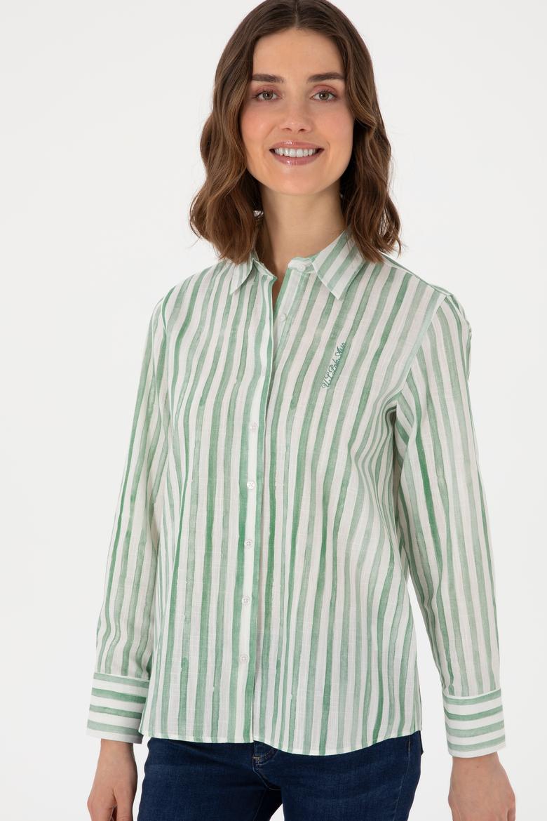 Kadın Yeşil Uzun Kollu Çizgili Gömlek - 50299509002
