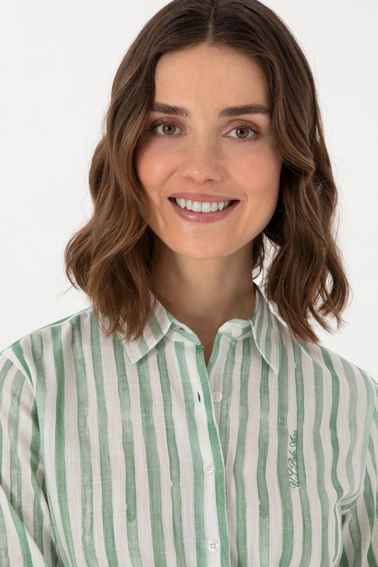 Kadın Yeşil Uzun Kollu Çizgili Gömlek - 50299509002