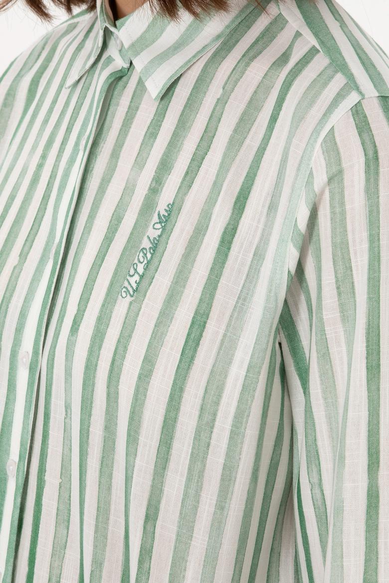 Kadın Yeşil Uzun Kollu Çizgili Gömlek - 50299509002