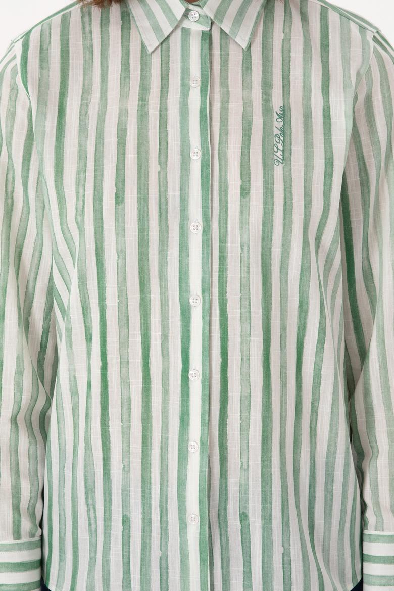 Kadın Yeşil Uzun Kollu Çizgili Gömlek - 50299509002