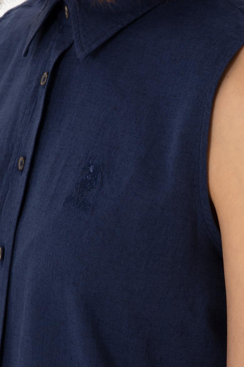 Kadın Lacivert Keten Karışımlı Kısa Kollu Gömlek - 50298111046