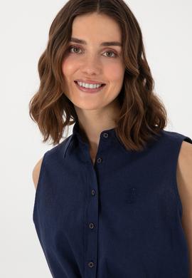 Kadın Lacivert Keten Karışımlı Kısa Kollu Gömlek - 50298111046