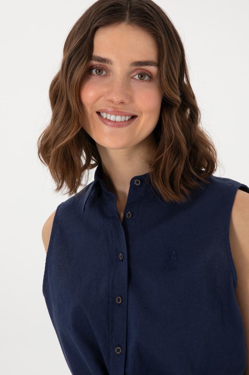 Kadın Lacivert Keten Karışımlı Kısa Kollu Gömlek