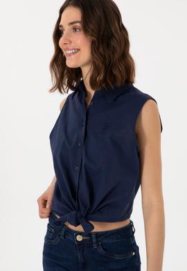 Kadın Lacivert Keten Karışımlı Kısa Kollu Gömlek - 50298111046