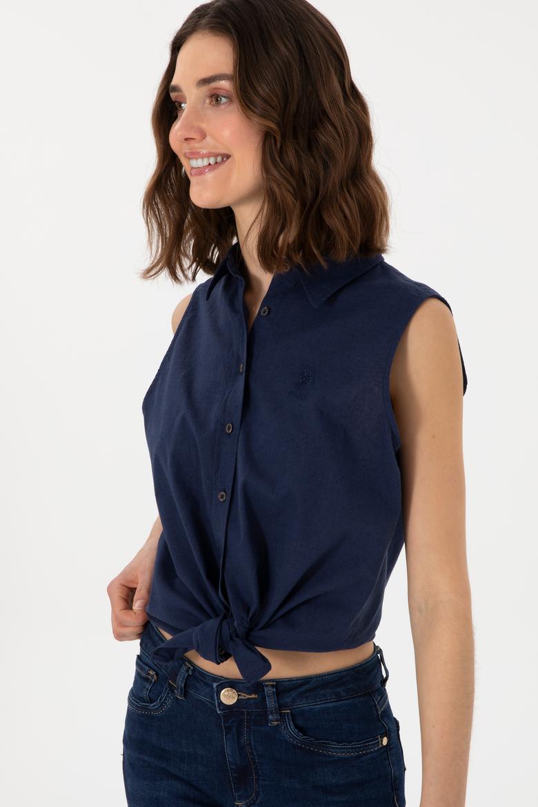 Kadın Lacivert Keten Karışımlı Kısa Kollu Gömlek - 50298111046