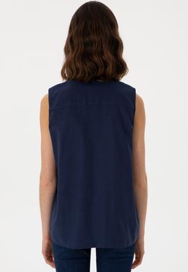 Kadın Lacivert Keten Karışımlı Kısa Kollu Gömlek - 50298111046