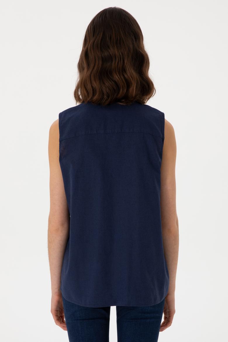 Kadın Lacivert Keten Karışımlı Kısa Kollu Gömlek - 50298111046