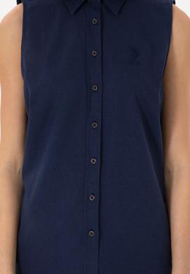 Kadın Lacivert Keten Karışımlı Kısa Kollu Gömlek - 50298111046