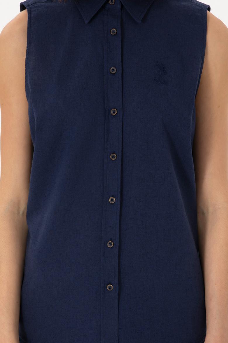 Kadın Lacivert Keten Karışımlı Kısa Kollu Gömlek - 50298111046